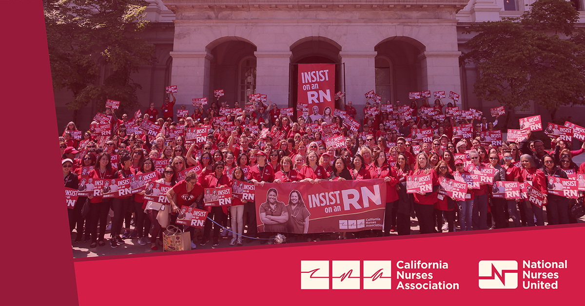 Nurses in front of state capitol building holding banners and signs: "Insist on an RN"