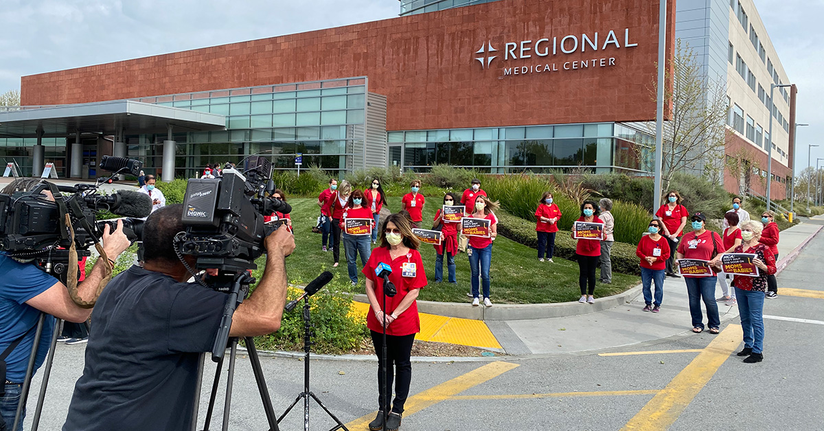 Large group of nurses hold press conference outside of Regional Medical Center, San Jose, CA