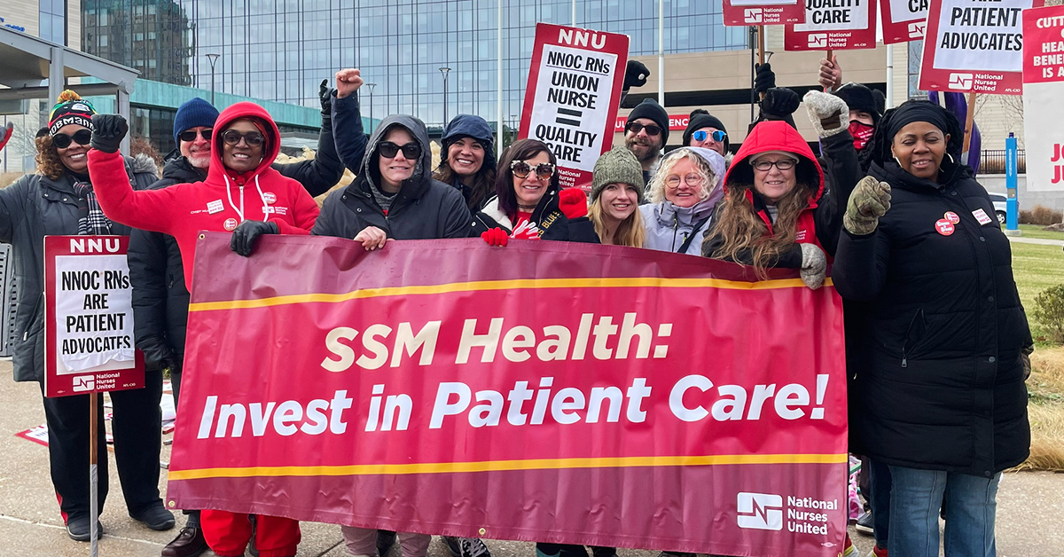 Large group of nurses holding banner "SSM Health: Invest in Patient Care!""