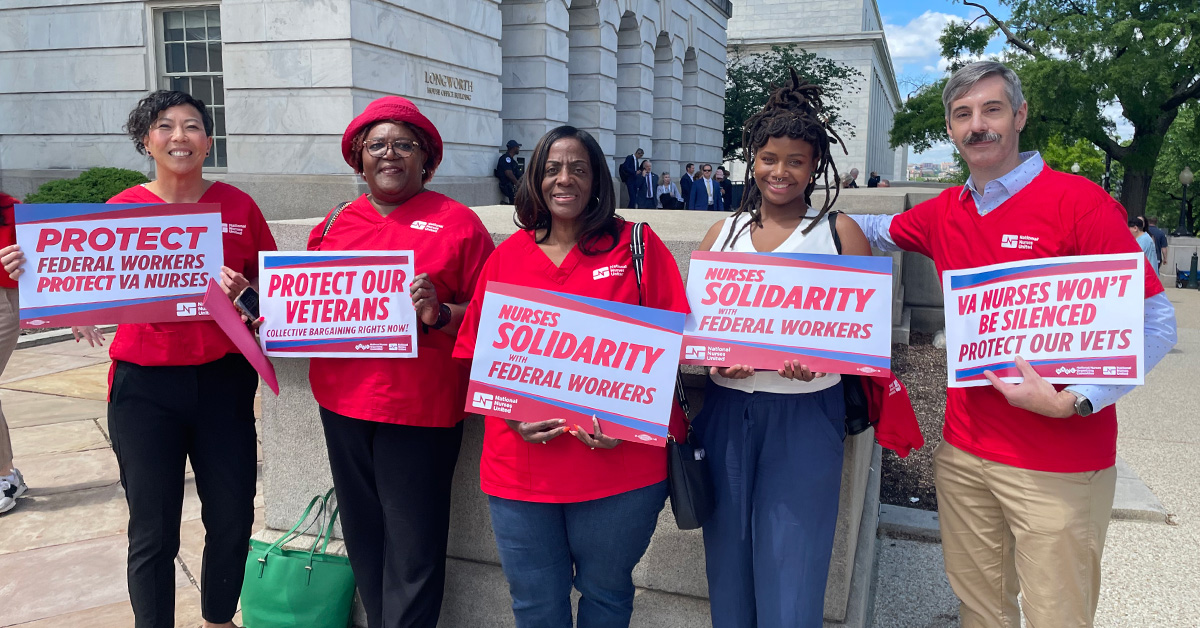 Four nurses outside D.C. Capitol Building holding signs "Protect Federal Workers, Protect VA Nurses"