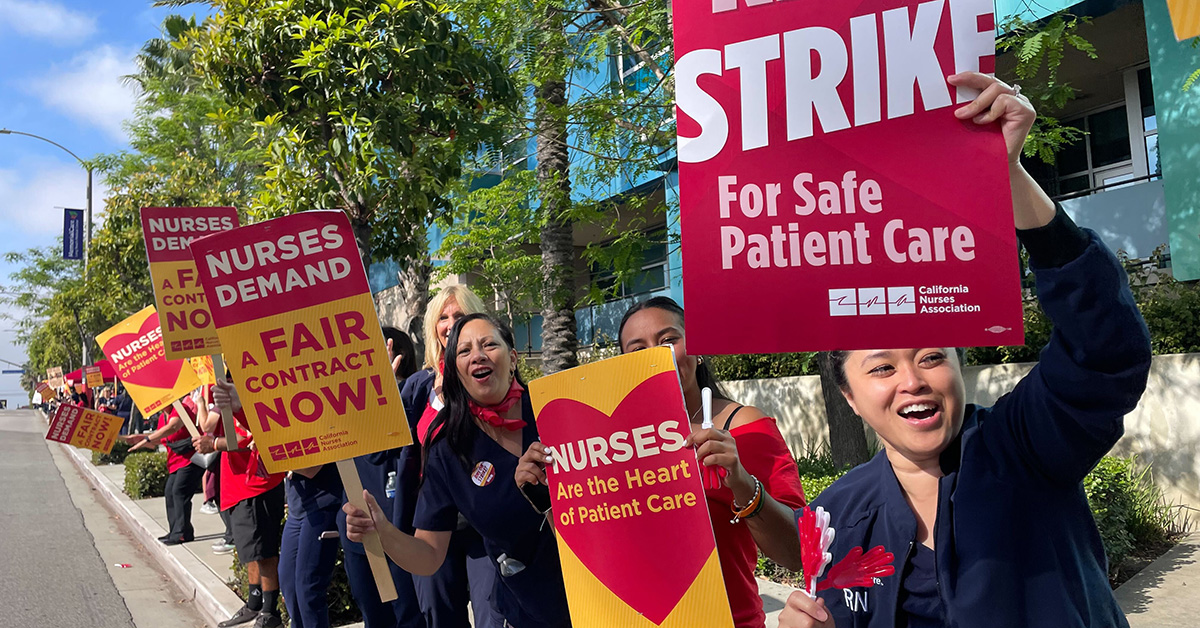 Nurses on strike line outside hospital