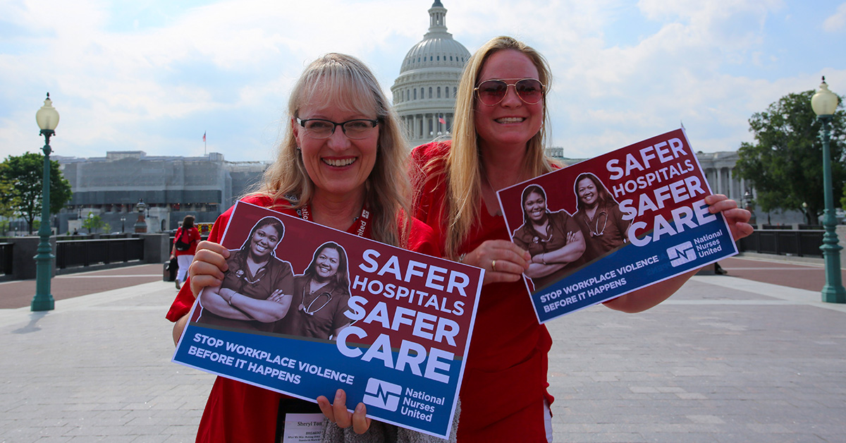 Nurses outside D.C. Capitol building, holding signs "Safer Hospitals, Safer Care"