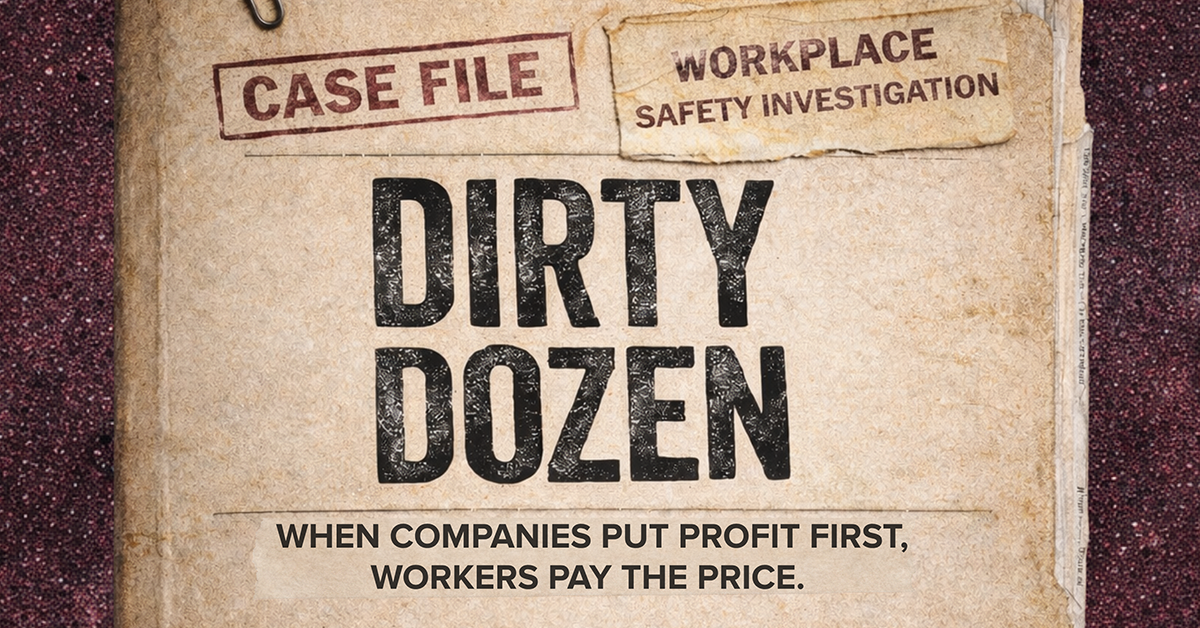 Illustrated cover of Dirty Dozen report "Case File: Workplace Safety Investigation. Dirty Dozen. When companies put profit first, workers pay the price."