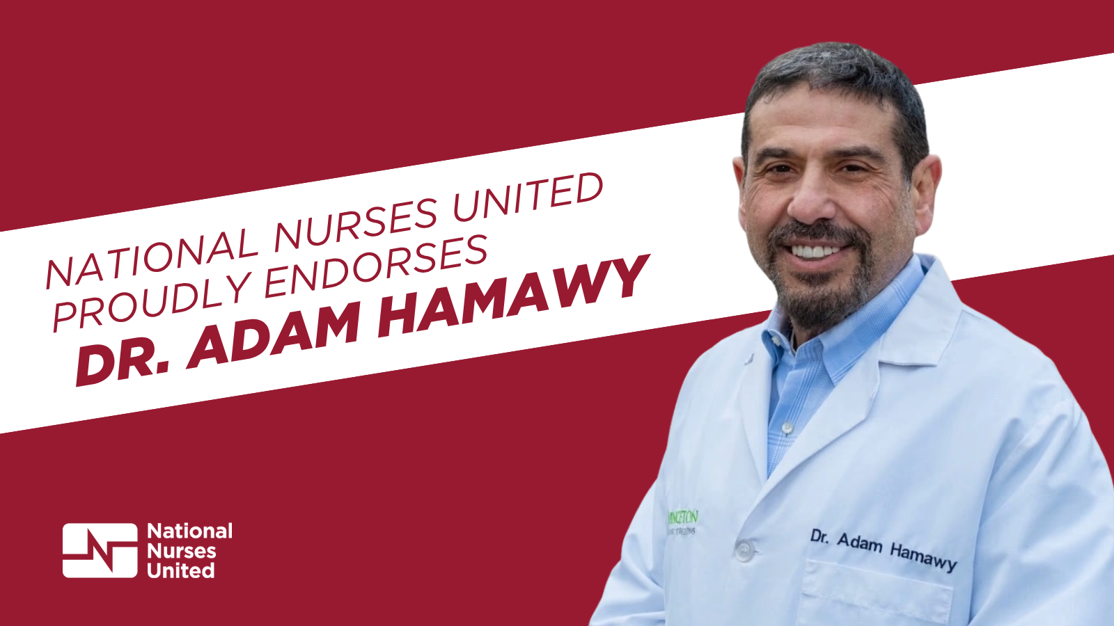 Headshot of Dr. Adam Hamawy, text "NNU Proudly Endorses Dr. Adam Hamawy"