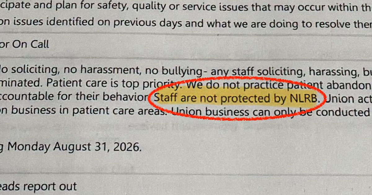 A notice from Prime Healthcare showing their illegal union busting efforts.