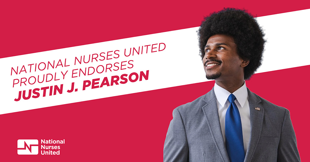 Justin Pearson smiling, text "NNU Proudly Endorses Justin J. Pearson"