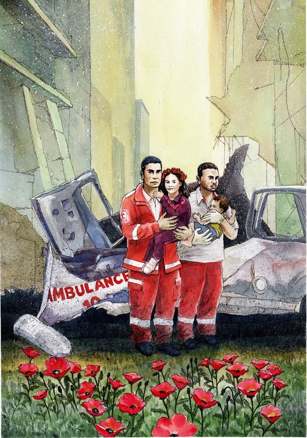 Artwork of nurses in rubble, flowers