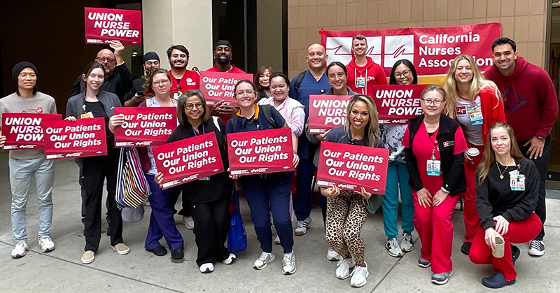 Nurses holding signs "Our Patients, Our Union, Our Rights"