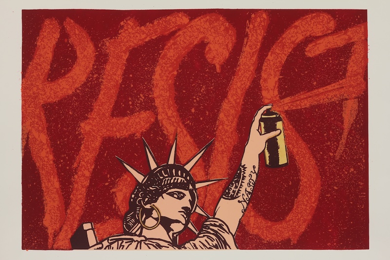 Artwork of Statue of Liberty spraying "Resist" with spray pain
