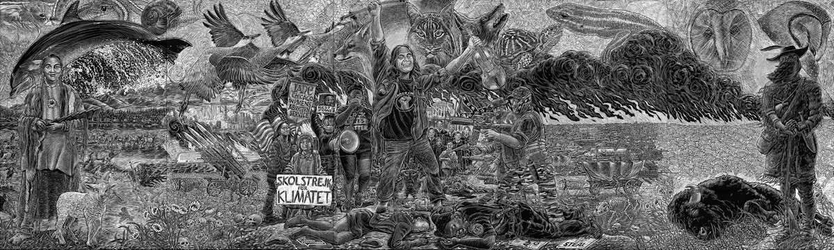 Tragic Prelude, Tribute to Judi Bari, 2023-2024, scratchboard, 36” x 120”