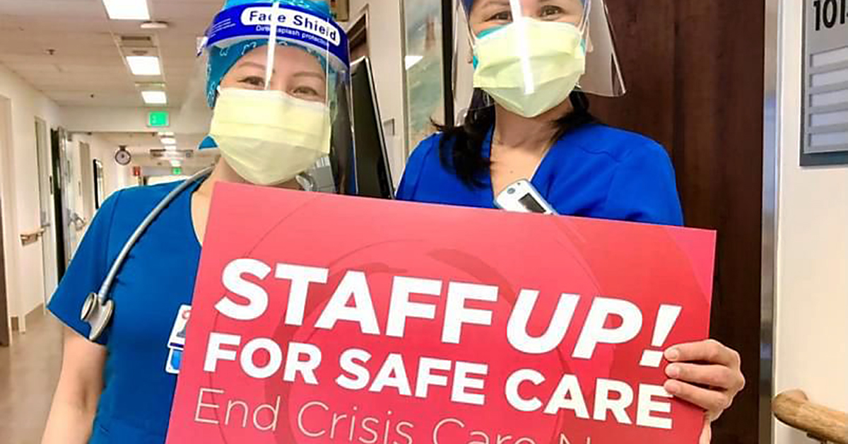 Seton Medical Center nurses holding sign "Staff up for safe care: End crisis care now"