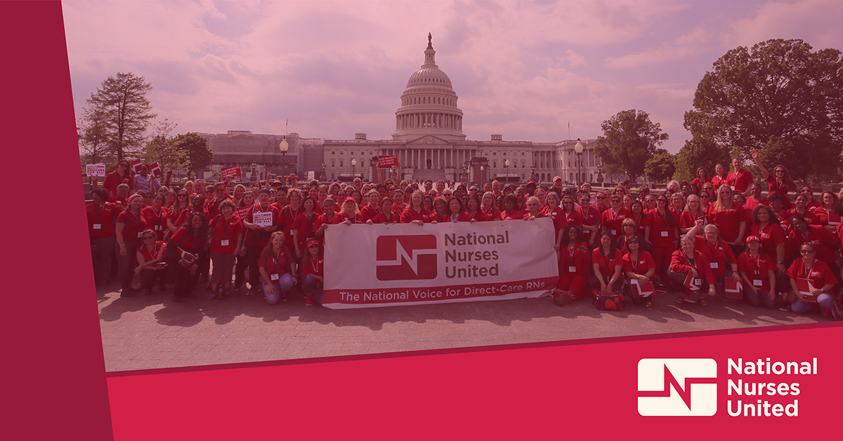 Many nurses in front of capitol building holding banner "National Nurses United: The National Voice for Direct-Care RNs"