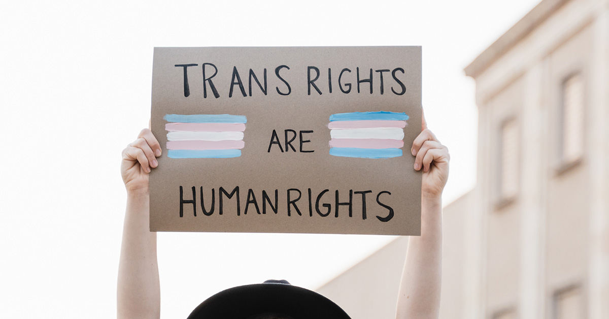 Hands of person holding sign "Trans Rights are Human Rights" with transgender flags paint on