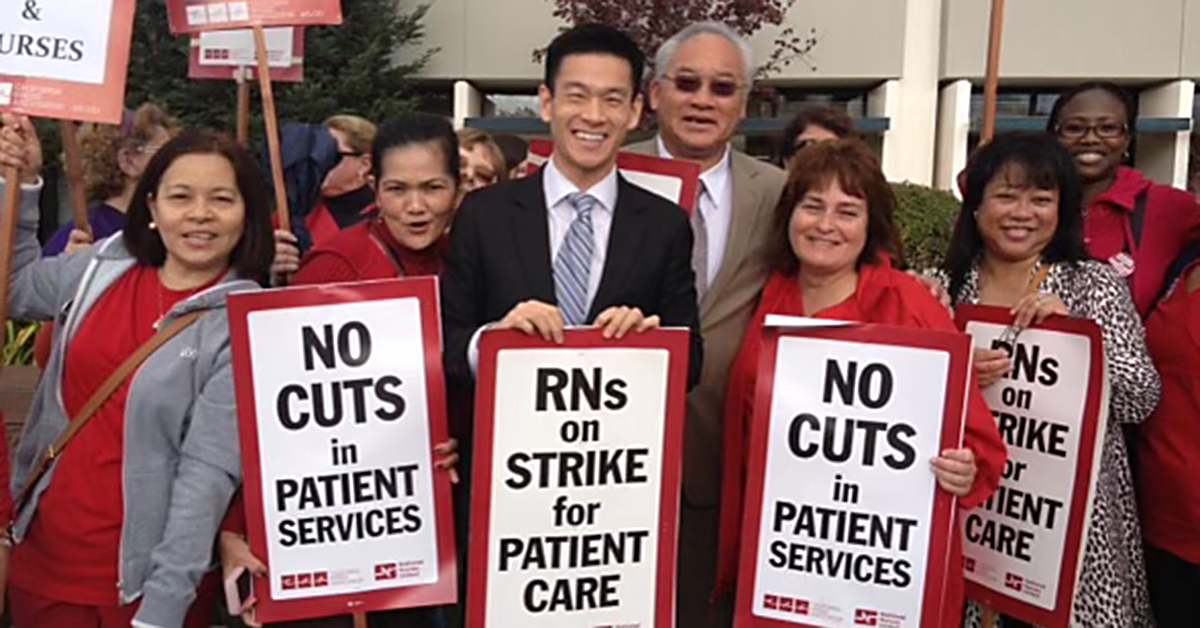 Evan Low visits strike line with nurses