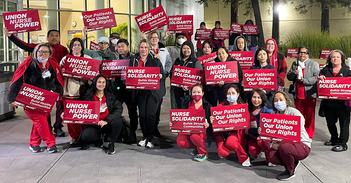 Contra Costa nurses with signs: "Union nurse power" "Nurse solidarity builds strong communities" "Union nurses build healthy communities" "Our patients our union our rights""