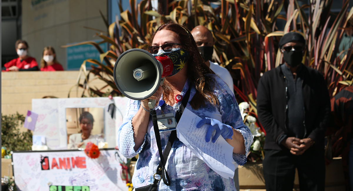 RN speaks at vigil for Janine Paiste-Ponder, RN, at Sutter Alta Bates Summit Medical Center in Oakland