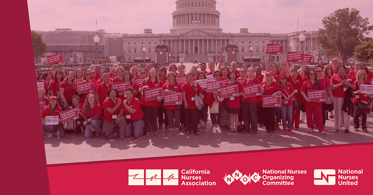 Large group of nurses outside capitol building, CNA, NNOC, NNU logos