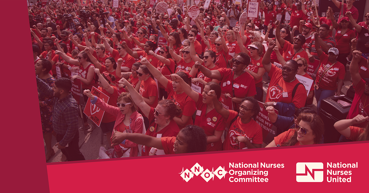 Large group of nurses with raised fists, NNOC and NNU logos
