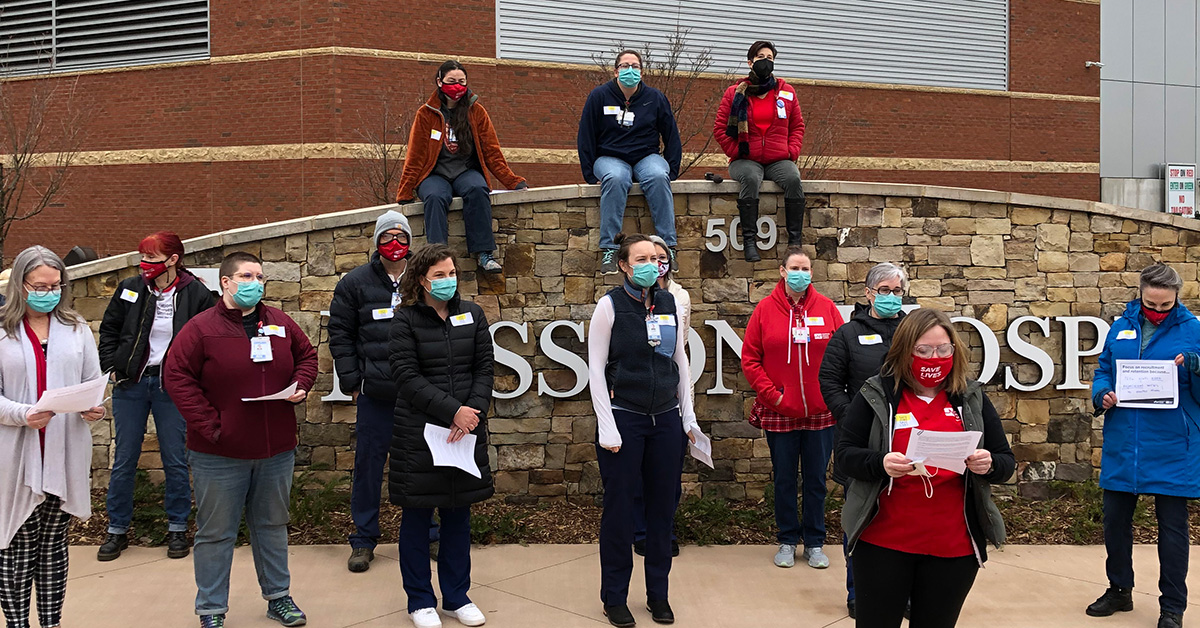 Large group of nurses outside HCA’s Mission Hospital 