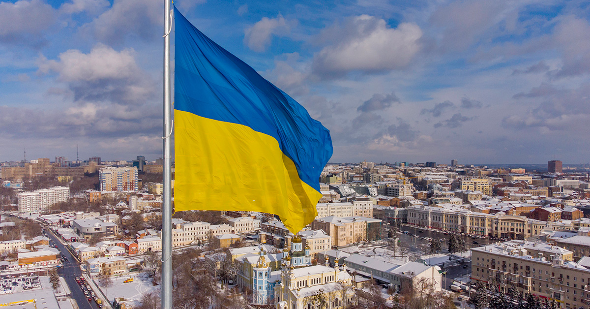 Ukrainian flag in the wind. Blue Yellow flag in the city of Kharkov.