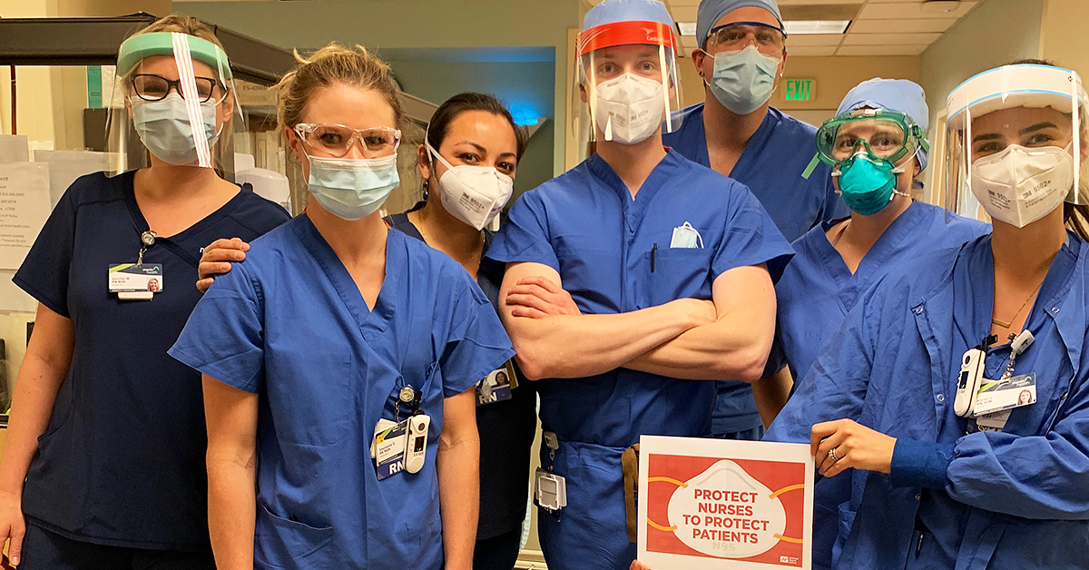 MarinHealth nurses in hospital. One sign "Protect nurses to protect patients"