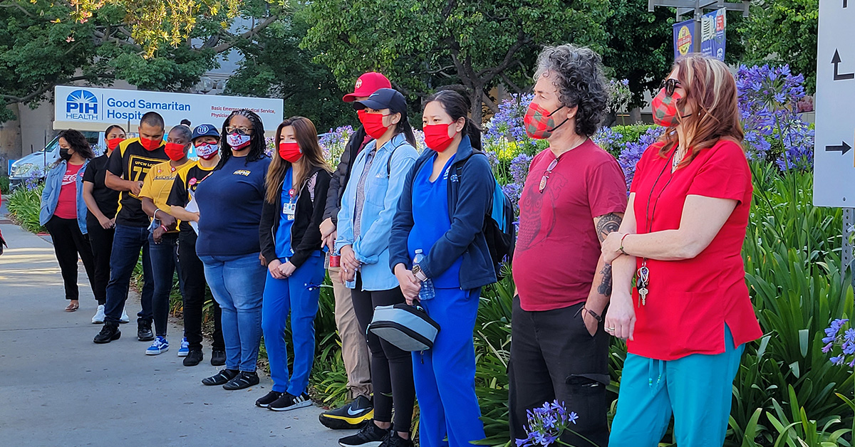 Line of nurses outside PIH Health Good Samaritan Hospital