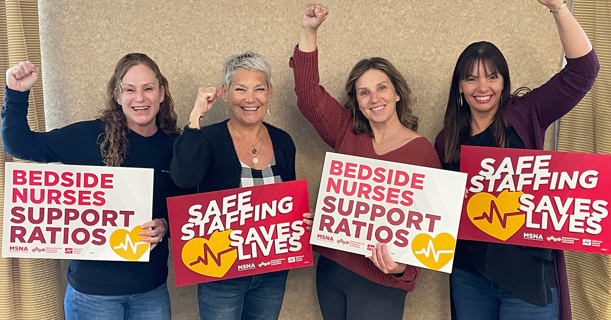 Four nurses holdiing signs "Safe Staffing Saves Lives"