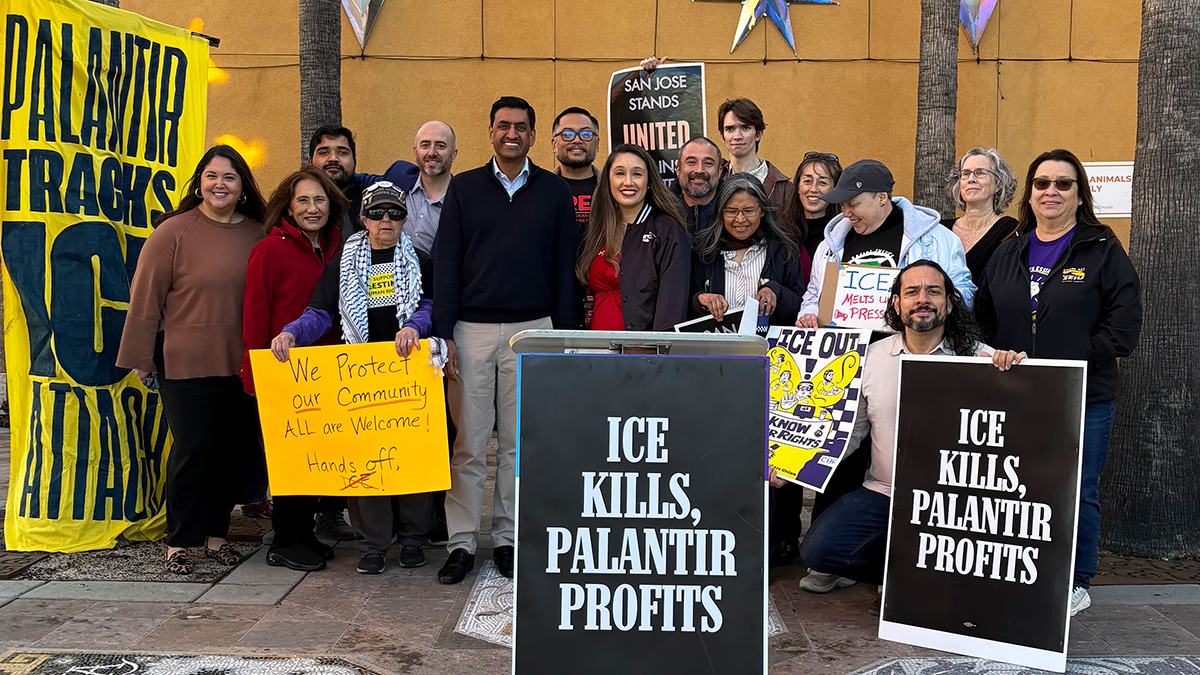 Rep. Ro Khanna (6th from left) with Purge Palantir coalition members at press conference at Kaiser Permanente Santa Clara (Feb 21, 2026)