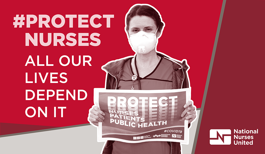 Nurse holds sign "Protect Nurses, Patients, Public Health"