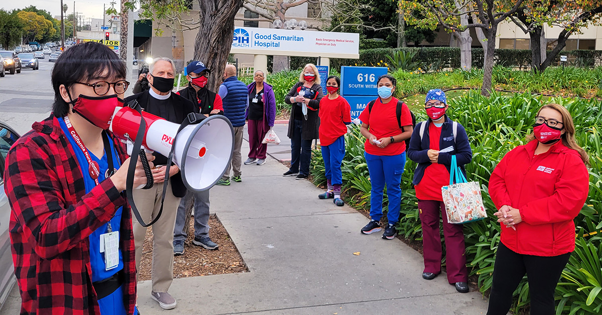 Nurses holding speakout outside of Good Samaritan Hospital