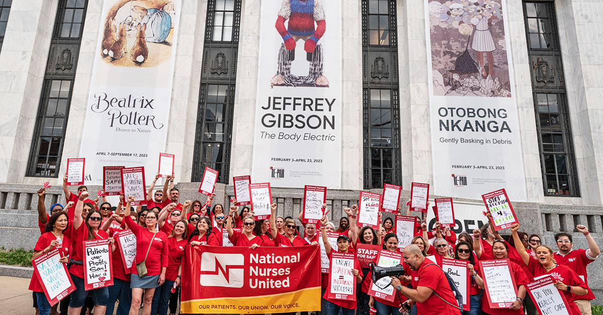 Large group of nurses holding protest outside of Frist Art Museum