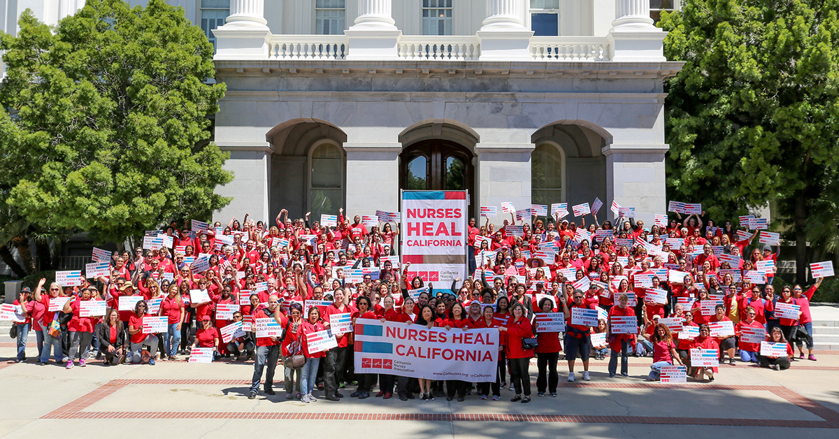 Large group of nurses outside CA capitol building