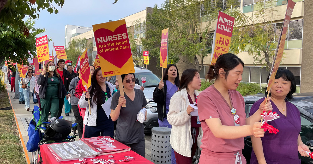 Nurses on strike line outside Alhambra Hospital Medical Center