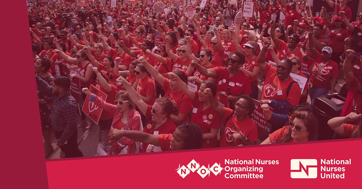 Old image of large group of nurses, fists raised, logo NNOC/NNU