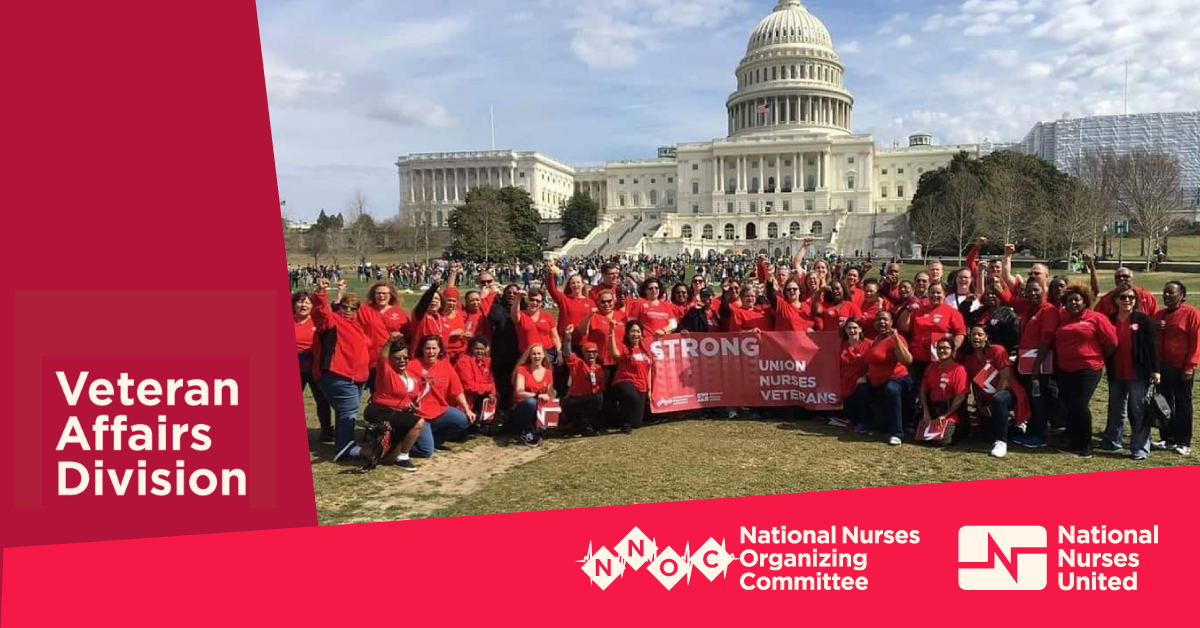 Nurses in front of U.S. Capitol holding banner "Strong Union, Nurses, Veterans"