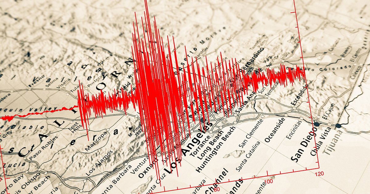 Seismograph overlaying map of California.