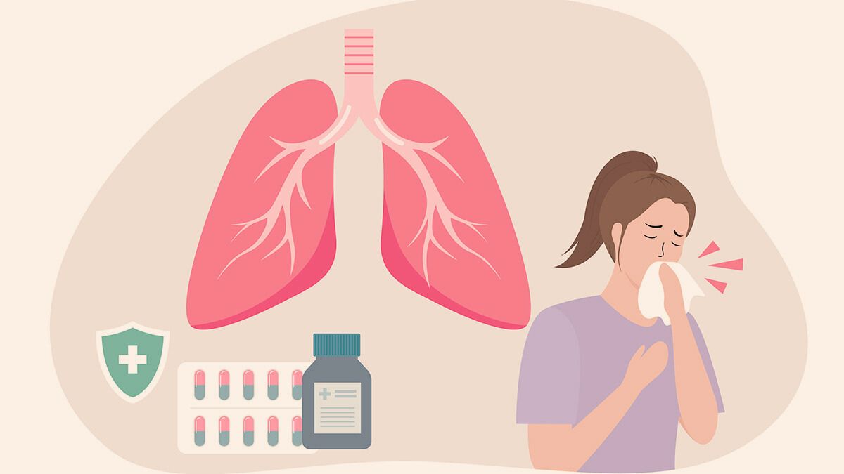 Graphic illustration of lungs, person coughing