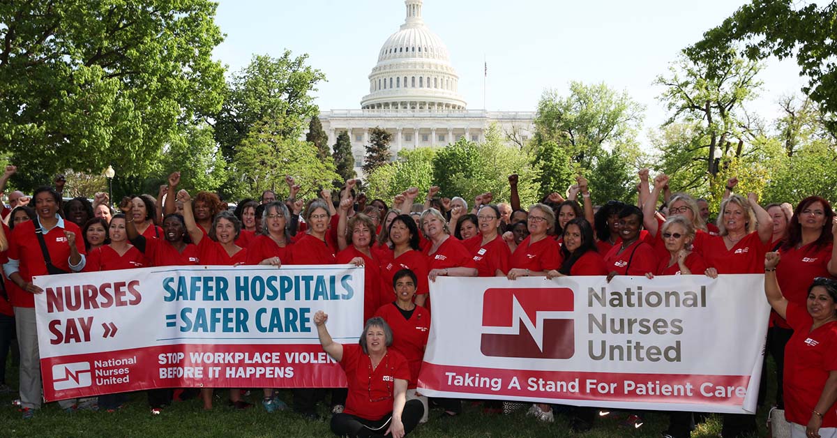 Large group of nurses outside capitol building, text "National Nurses United", with logo