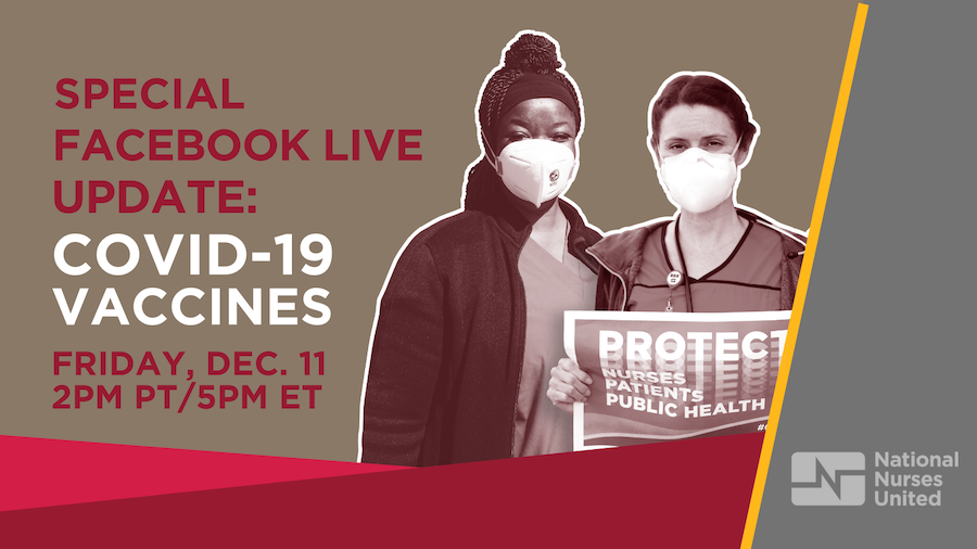 Nurses in protective equipment; Graphic - "Special Facebook Live Update: Covid-19 Vaccines"; 