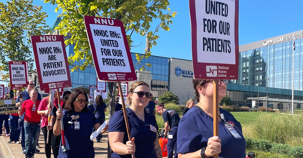 St. Louis nurses on the picket line holding signs that read "United for Our Patients"