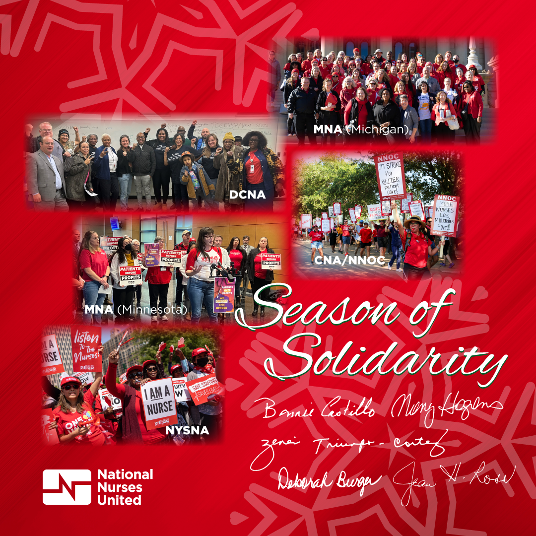 Collage of NNU affiliates, message "Season of Solidarity" signed by Bonnie Castillo and the NNU Council of Presidents