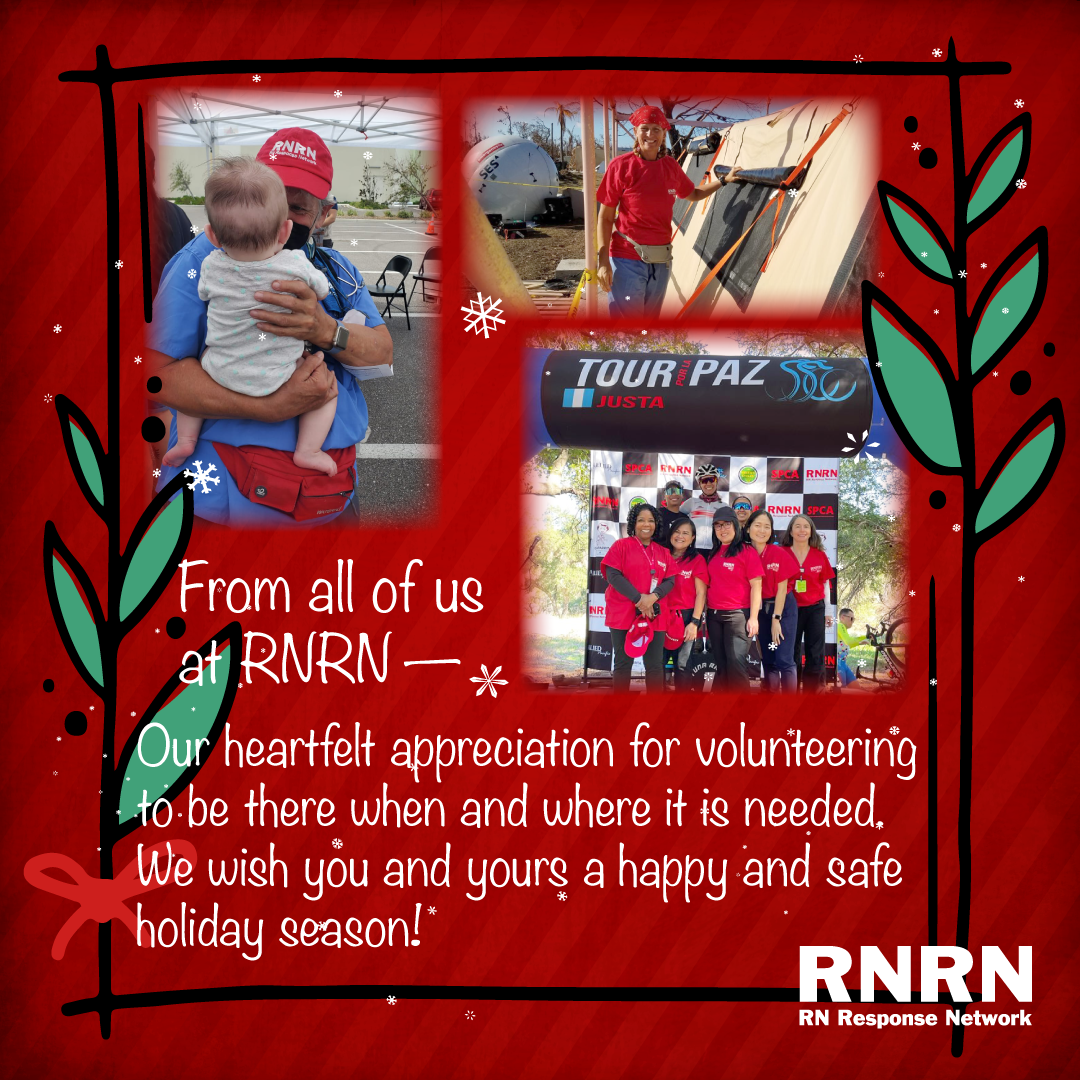 Collage of RNRN actions and holiday message "RN Response Network wishes you and yours a happy and safe holiday season!"