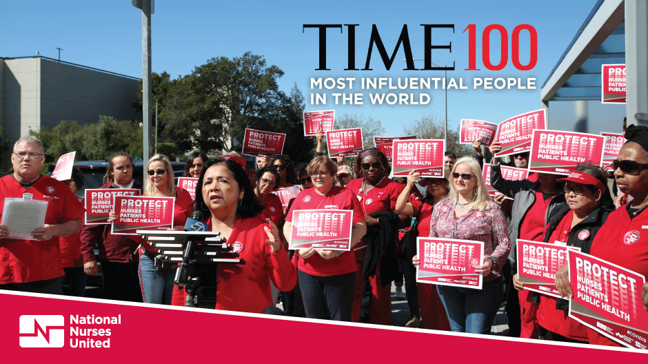 NNU Executive Director Bonnie Castillo with nurses demanding appropriate protection against Covid-19