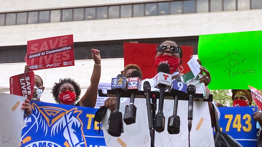 Nurses at Cook County hold a press conference following the Cook County Health Board meeting presenting the proposed 2021 budget