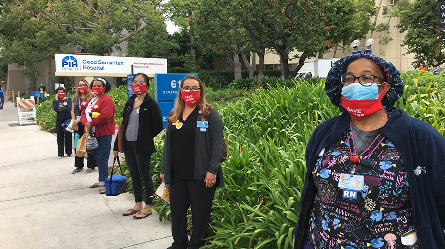Nurses stand in front of PIH Health Good Samaritan Hospital