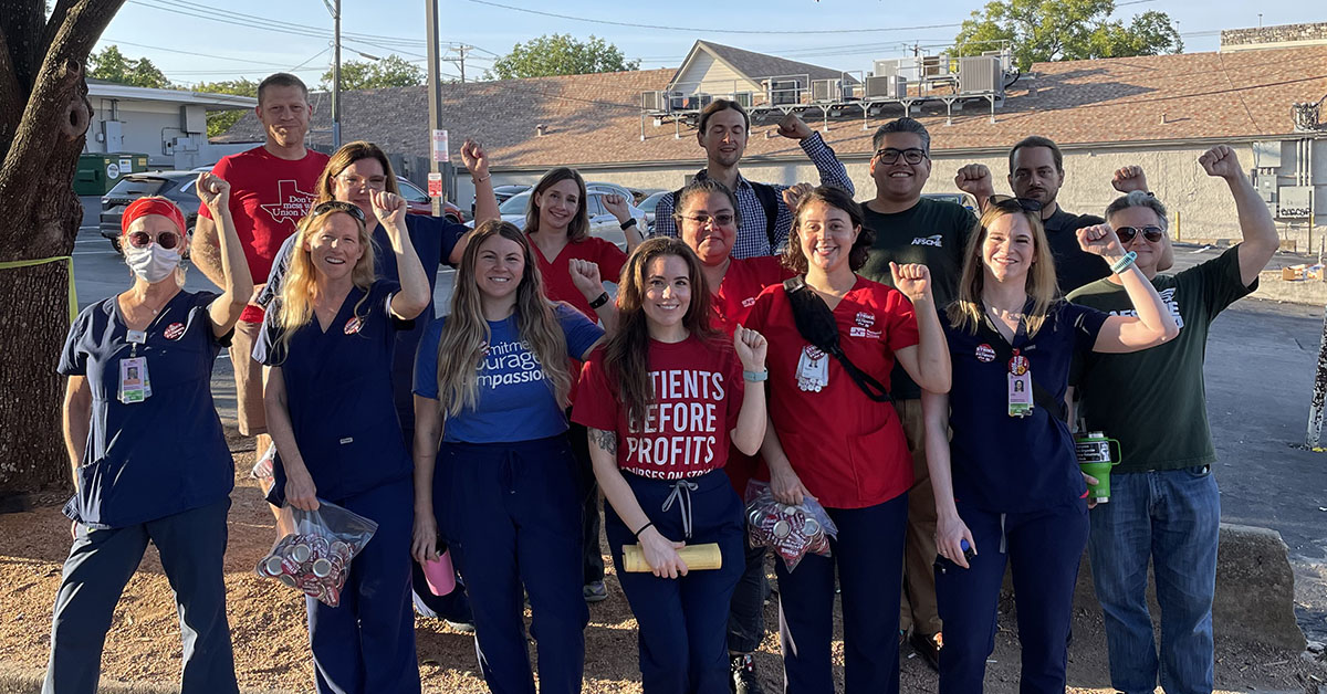 Austin nurses pose together at a safe staffing rally