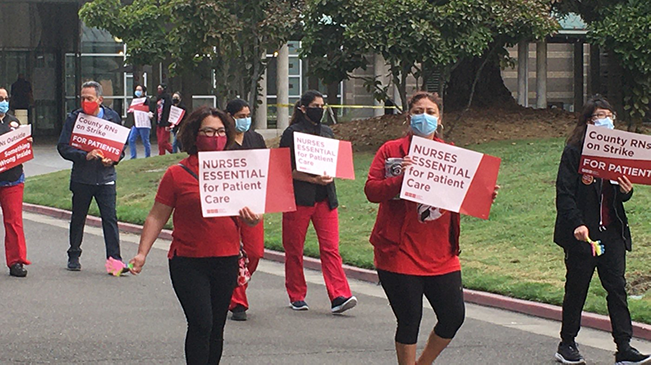 San Joaquin County nurses on the strike line in front of San Joaquin General Hospital