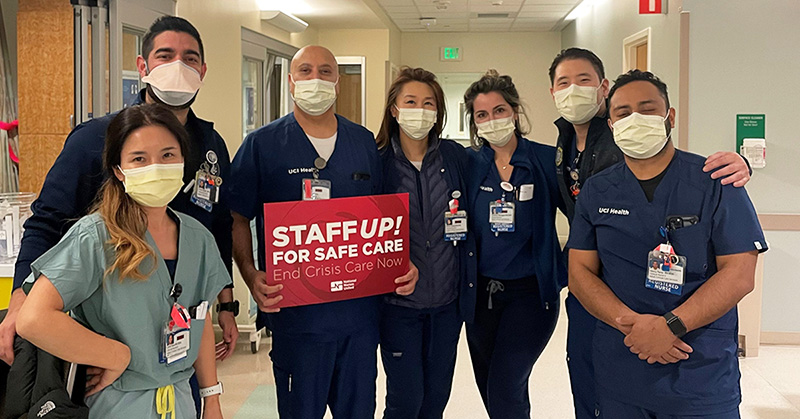 Large group of UC Irvine nurses inside hospital