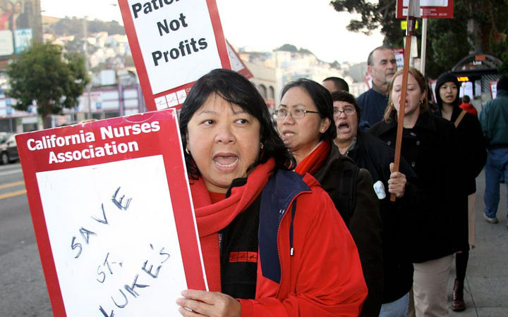 CNA President Zenei Triunfo-Cortez, RN, picketing to Save St. Luke’s Hospital in 2007