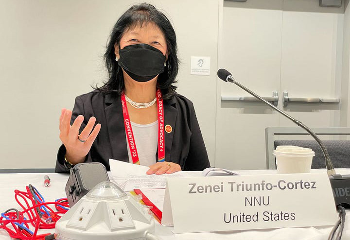 NNU President Zenei Triunfo-Cortez, RN at the Global Nurses United meeting in San Francisco on Oct. 4, 2023